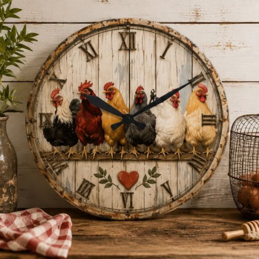 Farmhouse Chicken Rustic ラージ壁時計