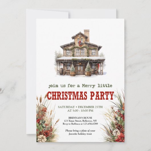 Farmhouse Christmas party printable red green 招待状 (正面)