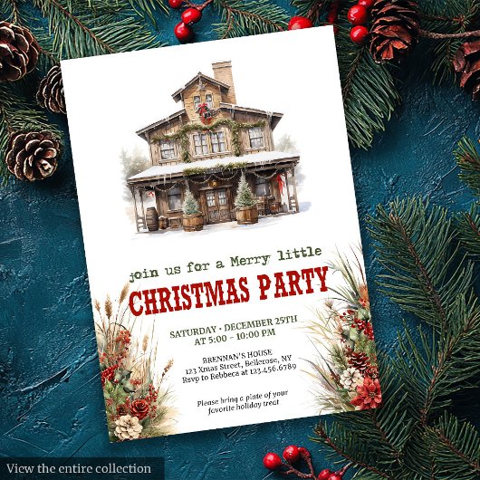 Farmhouse Christmas party printable red green  招待状