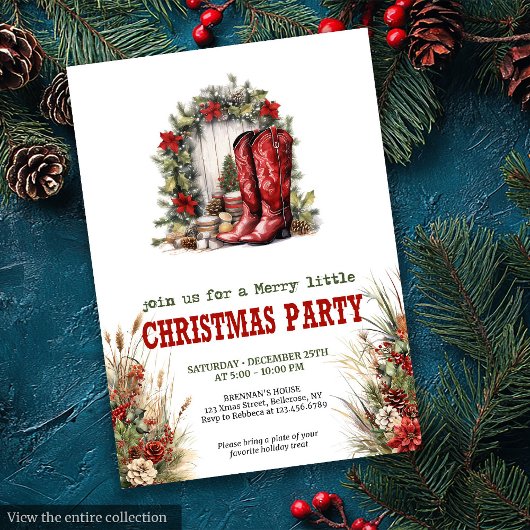 Farmhouse Christmas party red green invitation 招待状