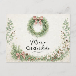 Farmhouse Cotton Wreath Merry Christmas  シーズンポストカード