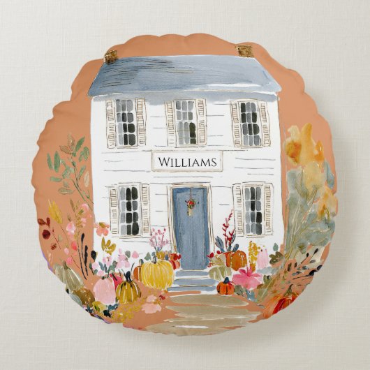 Farmhouse Fall Porch Monogram ラウンドクッション (正面)