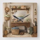 Farmhouse “Home Is Where Love Is” Rustic Decor スクエア壁時計 (正面)