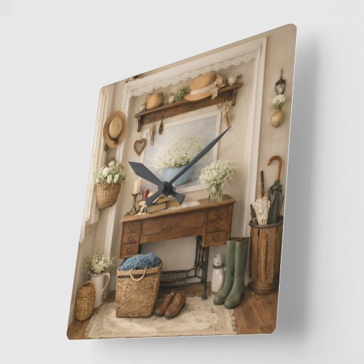 Farmhouse “Home Is Where Love Is” Rustic Decor スクエア壁時計 (傾斜)