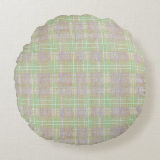 Farmhouse Neutral Sage Plaid ラウンドクッション (正面)