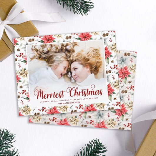 Farmhouse Poinsettia Merriest Christmas with Photo シーズンカード
