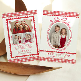 Farmhouse Red Gingham Bow Christmas Holiday Photo シーズンカード