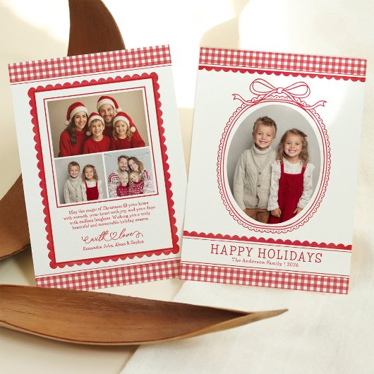 Farmhouse Red Gingham Bow Christmas Holiday Photo シーズンカード