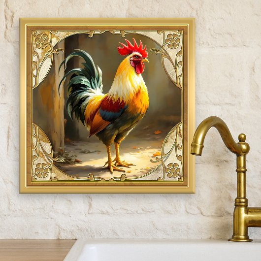 Farmhouse Rooster Gold Ceramic Tile タイル