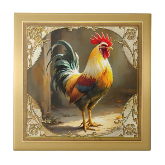 Farmhouse Rooster Gold Ceramic Tile タイル (正面)