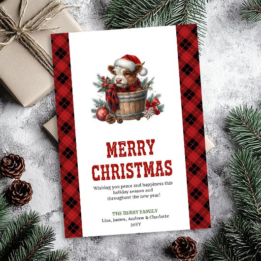 Farmhouse style highland cow holiday card art シーズンカード