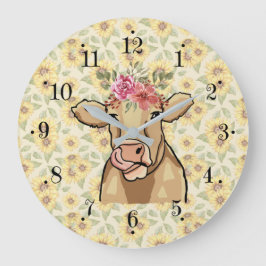 Farmhouse Sunflower Country Milk Cow Wall Clock ラージ壁時計