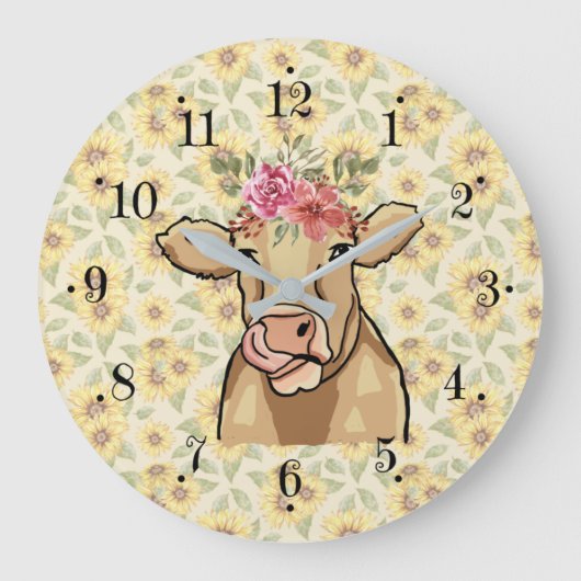 Farmhouse Sunflower Country Milk Cow Wall Clock ラージ壁時計 (正面)