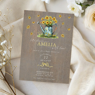 Farmhouse Sunflowers Watering Can Baby Shower 招待状