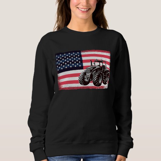 Farming Truck Driver Tractors USA American Flag Fa スウェットシャツ (正面)