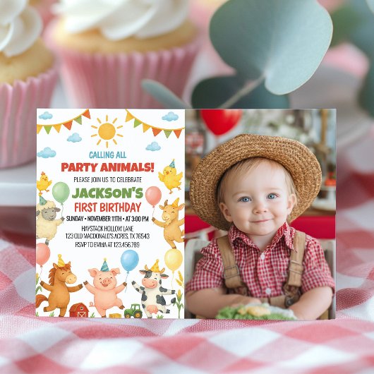 Farmyard Animals Birthday Party Photo Invitation サンキューカード