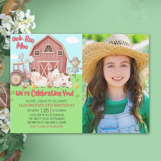 Farmyard Girl Birthday Photo – Cute Barn Animals  招待状