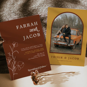 FARRAHレトロ70のRustフローラアーチ結婚写真 招待状
