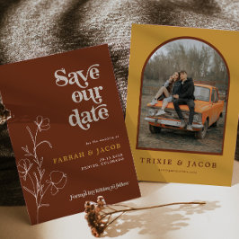 FARRAHレトロ70のRustフローラ写真Save the Date 招待状
