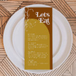 FARRAHレトロ70s Rust Lets 食べ Archメニュー・カード メニュー<br><div class="desc">このメ結婚ニューには、燃えたオレンジ色の背景、マスタード色のアーチ、アースチャイルド花模様、おもしろい70のテーマのフォントが含まれている。レトロやベビーシャワーなど結婚の特別なイベントに最適。すべての色は編集可能でクリック、単に青の「デザインツールを使用して編集」ボタンはカスタマイズ、イベントに一致する色を編集する。FARRAHコレクションの中の何かと組み合わせて、まとまった表情を見る。</div>