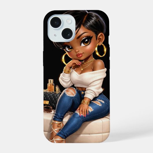 Fashion Black Girl Phone Case – Luxury Aesthetic iPhone 15ケース (裏面)