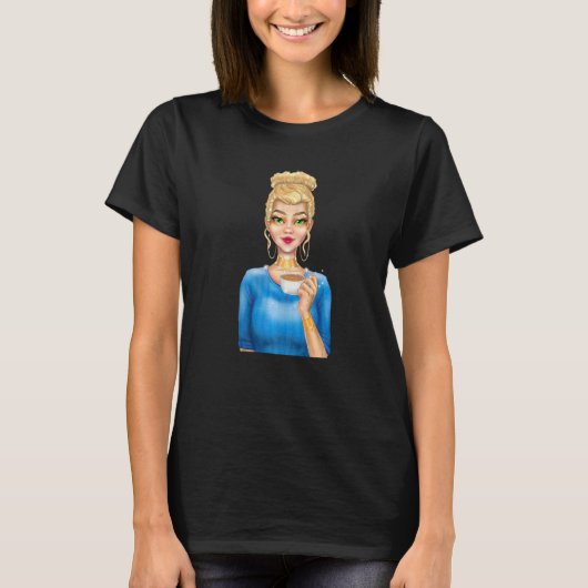 Fashion Blonde Woman Holding Cup of Coffee Hand Dr Tシャツ (正面)