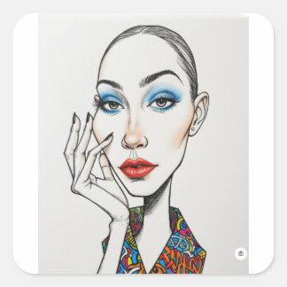 Fashion Model Pop Art Portrait Blue Eyeshadow Red  スクエアシール