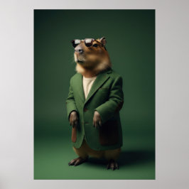 Fashionable Capybara in Green Coat Art ポスター