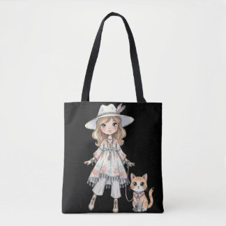 Fashionable girl strolling with her cat トートバッグ
