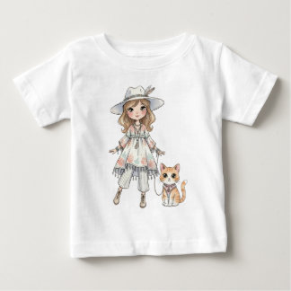 Fashionable girl strolling with her cat ベビーTシャツ