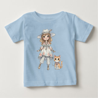 Fashionable girl strolling with her cat ベビーTシャツ