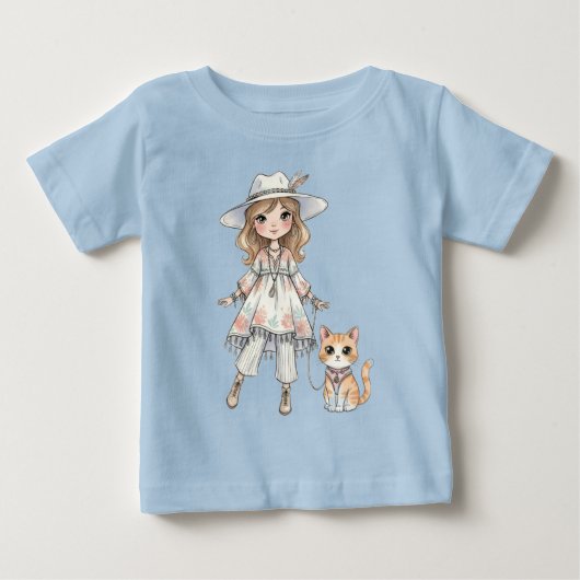 Fashionable girl strolling with her cat ベビーTシャツ (正面)