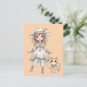 Fashionable girl strolling with her cat ポストカード (スタンド正面)