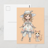 Fashionable girl strolling with her cat ポストカード (正面/裏面)