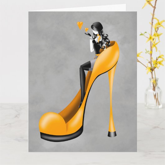 Fashionable Lady in Stiletto Greetings Card カード (黄色い花)