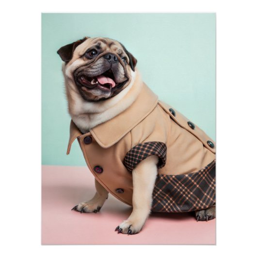 Fashionable Pug Dog Wearing Vintage 1940s Style ポスター (正面)