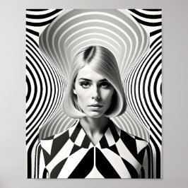 Fashionable Woman Optical Illusion Black And White ポスター