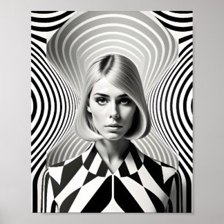 Fashionable Woman Optical Illusion Black And White ポスター