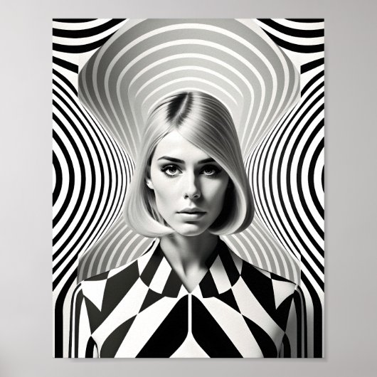 Fashionable Woman Optical Illusion Black And White ポスター (正面)