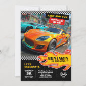 Fast and fun race car birthday party 招待状 (正面)