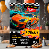 Fast and fun race car birthday party 招待状