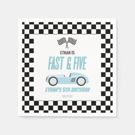 Fast & Five Blue Race Car 5th Birthdayパーティー スタンダードカクテルナプキン (正面)