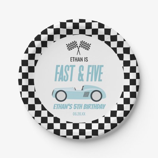 Fast & Five Blue Race Car 5th Birthdayパーティー ペーパープレート (正面)