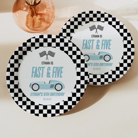 Fast & Five Blue Race Car 5th Birthdayパーティー ペーパープレート