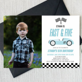 Fast & Five Blue Race Car 5th Birthdayパーティー 招待状