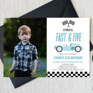 Fast & Five Blue Race Car 5th Birthdayパーティー 招待状