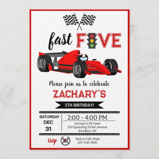 Fast & Five Red Flame Race Car 5th Birthday Party 招待状 (正面)