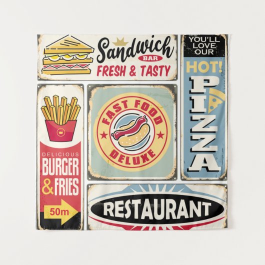 Fast food restaurants and diners retro signs colle タペストリー (正面)