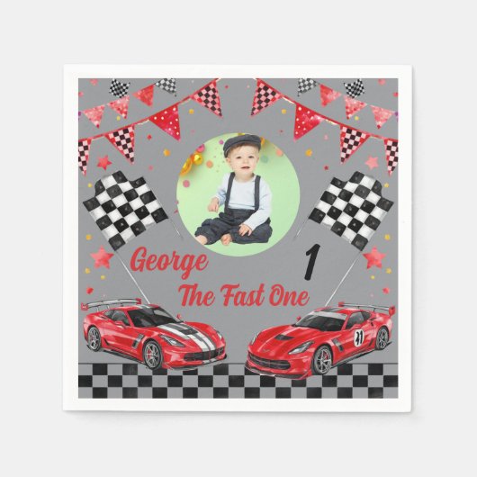 Fast One 赤と黒のレーシングカーフォト 1歳の誕生日 スタンダードカクテルナプキン (正面)