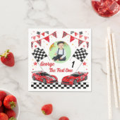 Fast One 赤と黒のレーシングカーフォト 1歳の誕生日 スタンダードカクテルナプキン (インサイチュ)